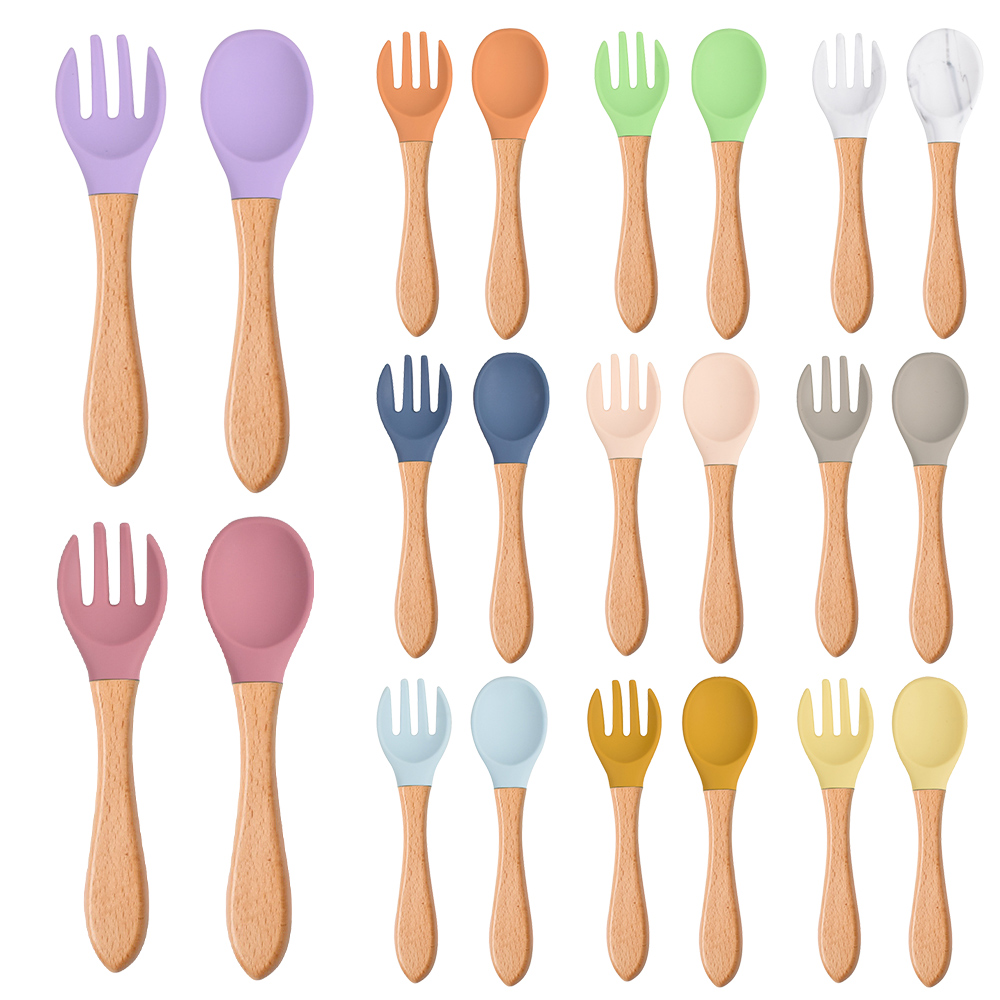 Baby Food Dispensing Spoon - 2 개/대 나무 손잡이와 아기 실리콘
